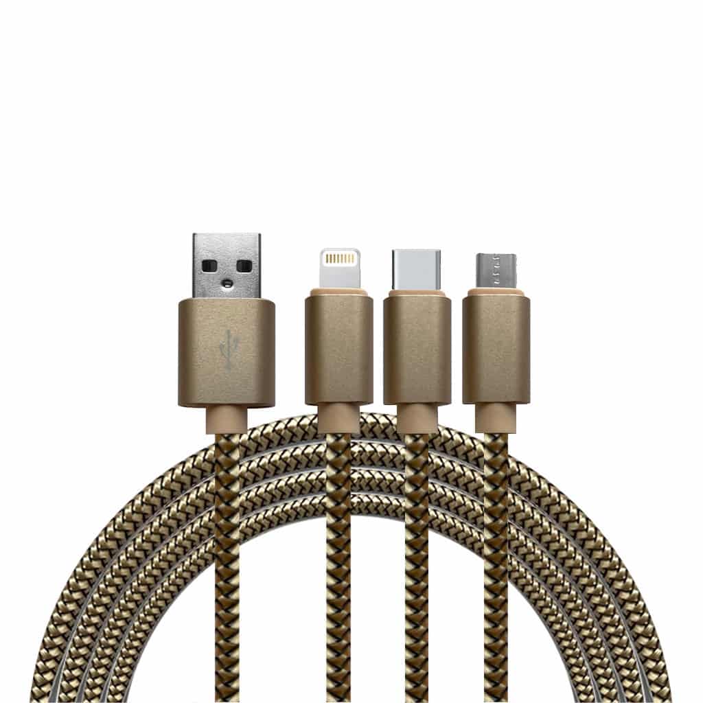 Data cables Khocell – 3 in 1 – Data cable with 3 connections – Micro USB – Apple Lightning – USB-C – Gold